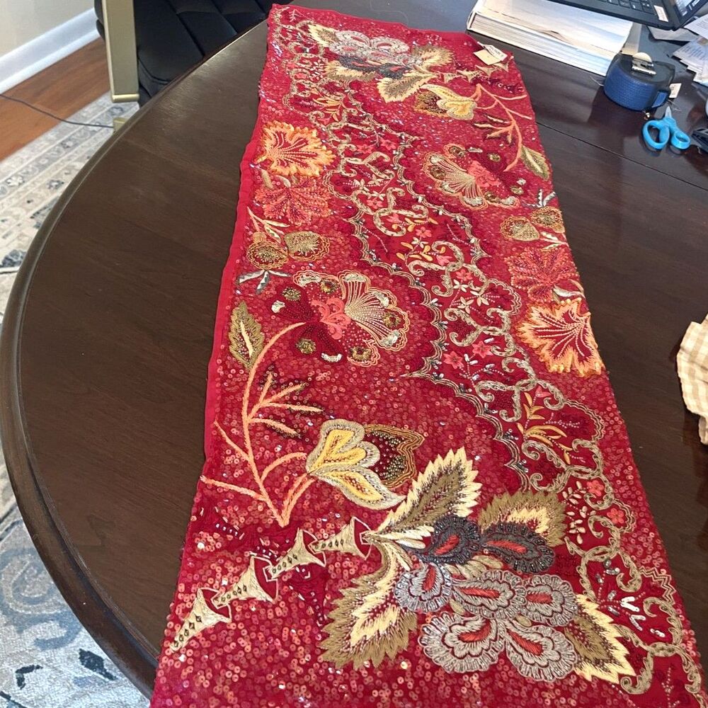 VTG Megan Park England Red Embroidered Silk Beaded Scarf Shawl Barneys NY Luxe